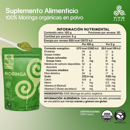 Vivio Foods, Moringa Orgánica En Polvo, 150 gramos