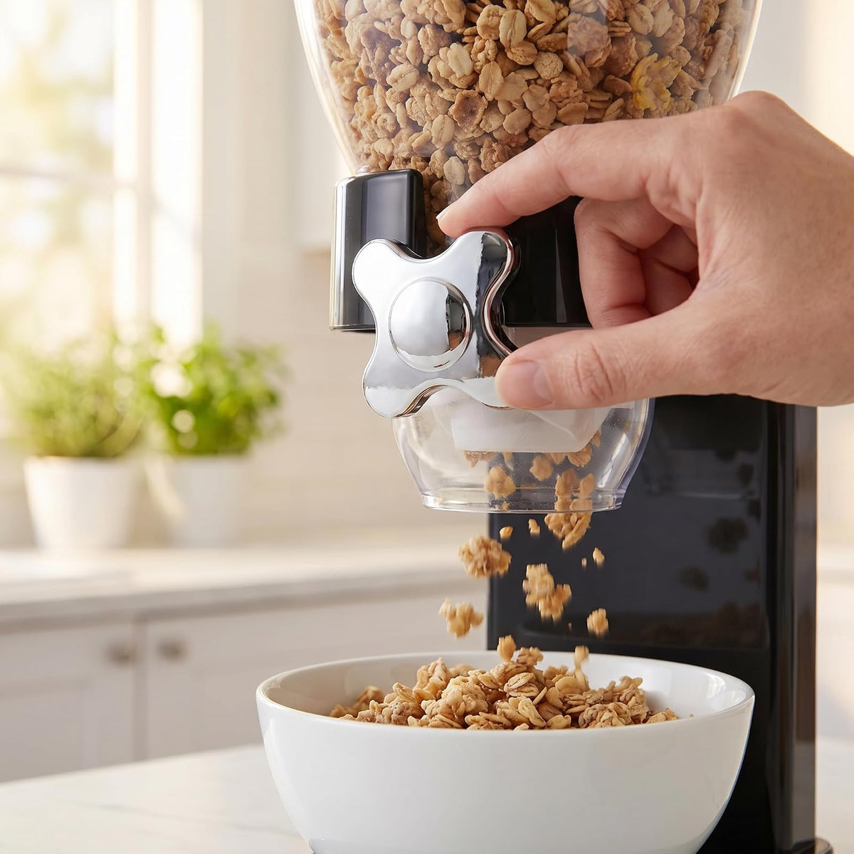 Zevro Dos dispensadores para alimentos secos, negro / cromado | Dos recipientes herméticos de 17 onzas en una base de cromo dispensan cereales, nueces o dulces en porciones uniformes