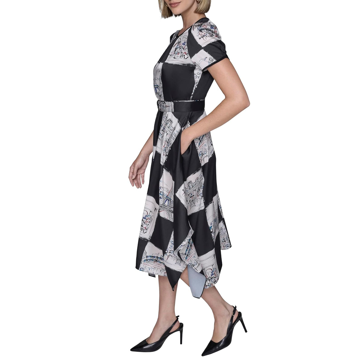 Karl Lagerfeld Short Sleeve Hanky Hem Tie Waist Printed Twill Midi Dress Vestido Informal Mujer