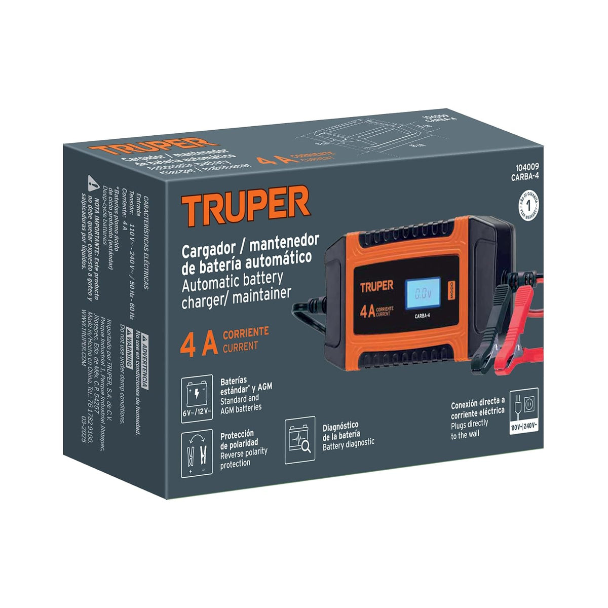 Truper CARBA-4, Cargador/Mantenedor de 4 A para Baterías de 6V/12V