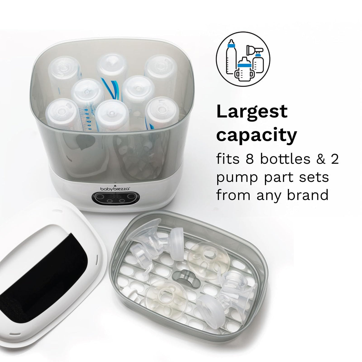 Baby Brezza - Esterilizador y secador de botellas avanzado - Máquina eléctrica de esterilización a vapor universal para todas las botellas: plástico + piezas de chupones de vidrio, filtración HEPA