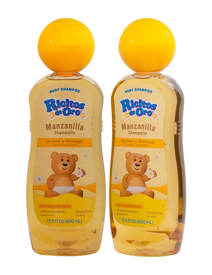 Ricitos de Oro, Champú de limpieza para bebés con extracto de manzanilla que aclara naturalmente sin parabenos, hipoalergénico, paquete de 2 botellas de 13.5 onzas líquidas, ámbar, 2 unidades