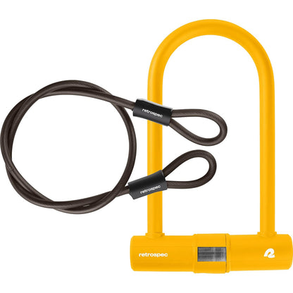 Retrospec Lookout - Candado para bicicleta con bloqueo en U de acero endurecido de 14 mm y cable de seguridad de 4 pies, protección antirrobo para bicicletas de montaña y bicicletas eléctricas - Girasol mate - Cable + cerradura + soporte
