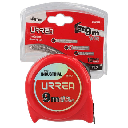 Urrea 1589LH Flexómetro Industrial con Hoja de Acero y Carátula de ABS + TPR, 9 M × 30 Mm, 3 Remaches