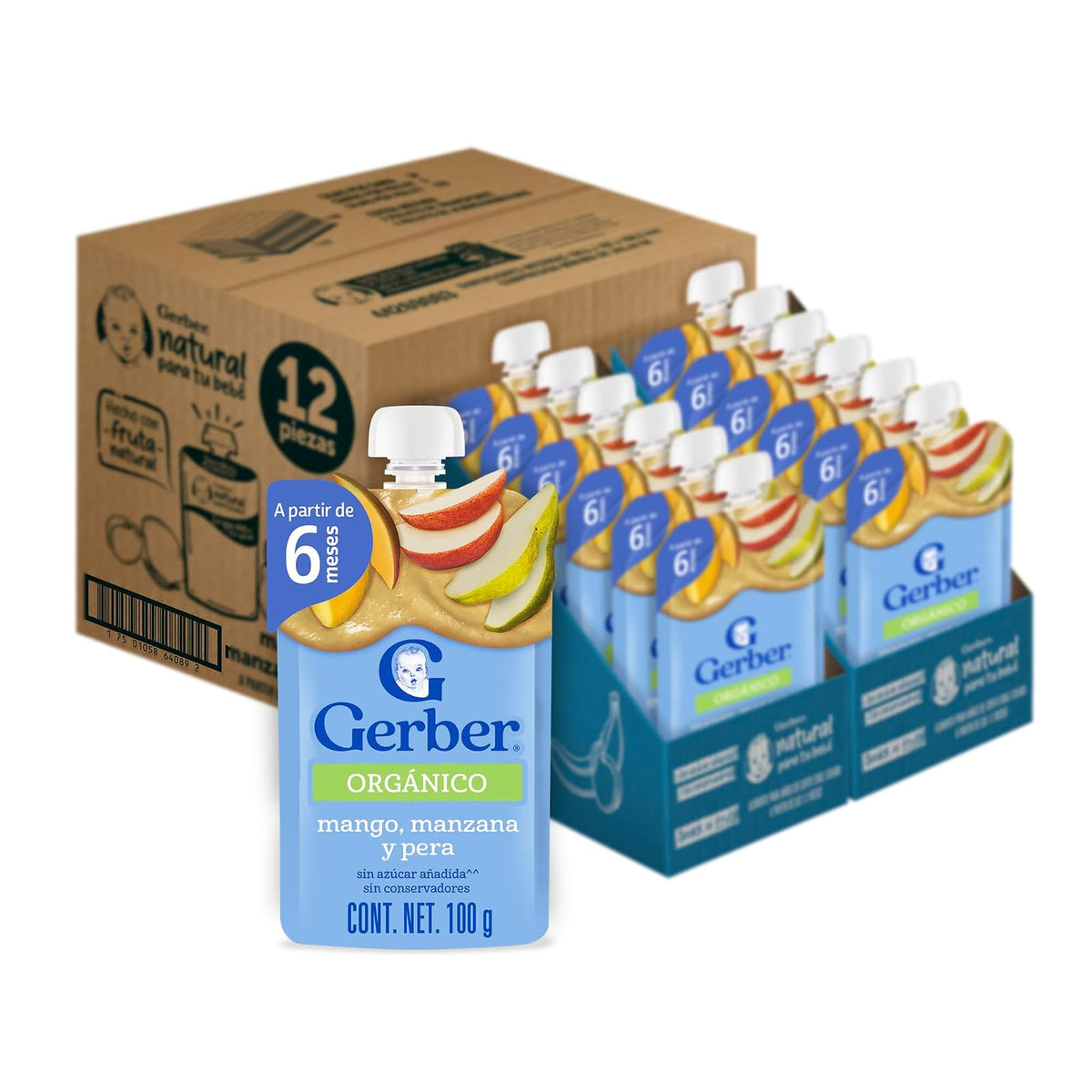 Gerber Papilla Orgánica Pouch Etapa 2 Manzana, Mora y Espinaca, 12 pz - MANGO, MANZANA Y PERA