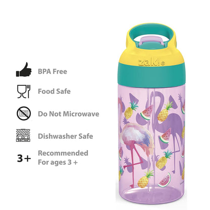Zak Designs Riverside Desert Life - Botella de agua para niños de 16 onzas con popote y lazo de transporte integrado, hecha de plástico duradero, diseño a prueba de fugas para viajes, juego de 2 unidades