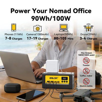 BALDR Estación de energía portátil de 28000 mAh, 90 Wh LiFePO4 batería de reserva para camping, generador solar de carga rápida con toma de CA de 150 W, banco de energía de máxima potencia para