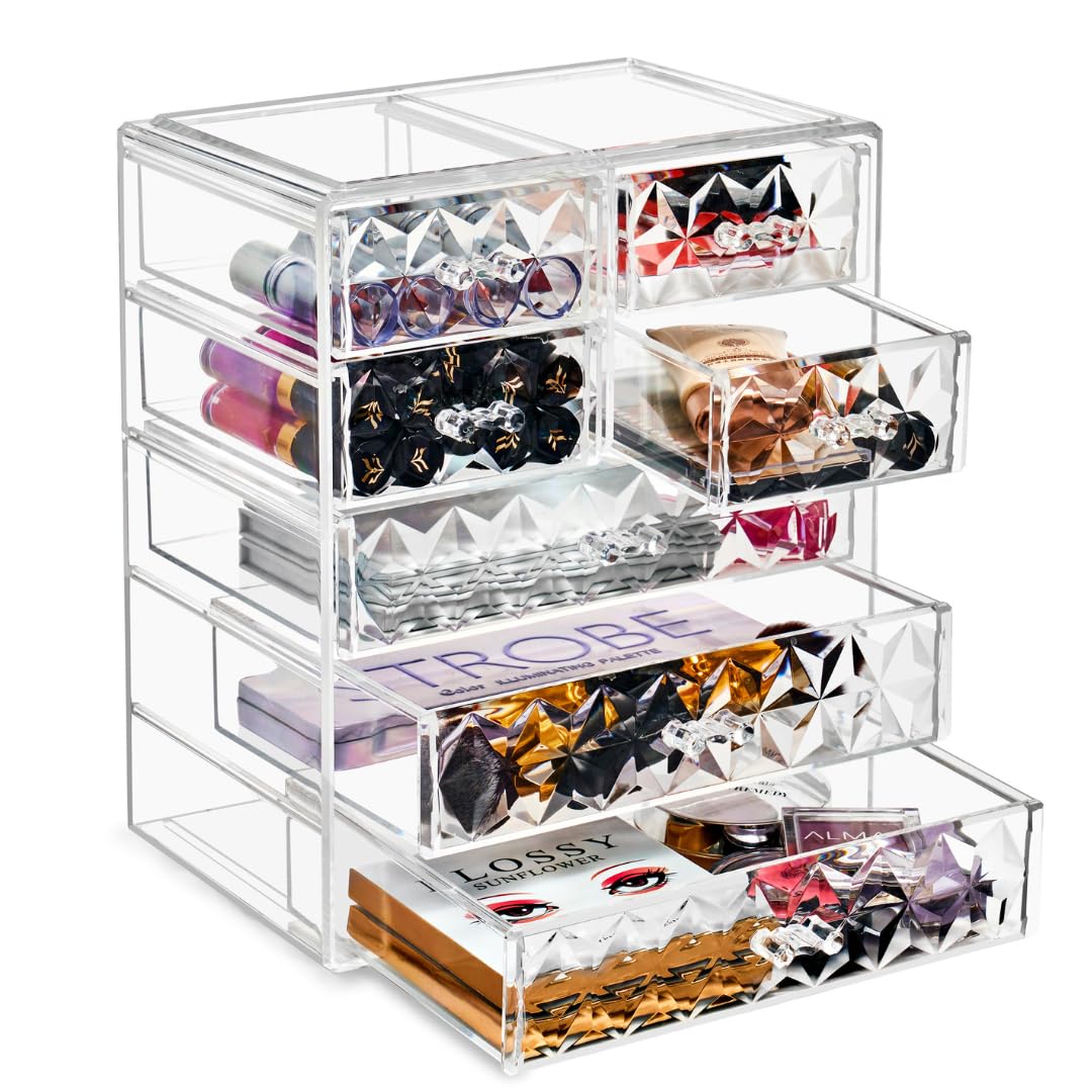 Sorbus Acrylic Makeup Organizer - Organization and Storage Case for Cosmetics Make Up & Jewelry - Big Clear Makeup Organizer for Vanity, Bathroom, College Dorm, Closet, Desk (3 Large, 4 Small Drawers) - 3 Large, 4 Small Drawers - Diamante