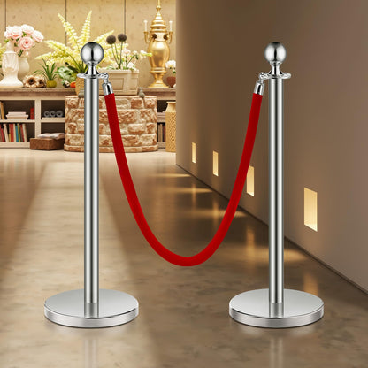 VEVOR 4 PCS Poste de Estaca de Acero Inoxidable de 1,5 m con Base Hueca de Inyección de Arena y 2 Cuerdas de Terciopelo Rojo, Barreras de Control de Multitudes para Teatro, Fiesta, Boda, Plateado