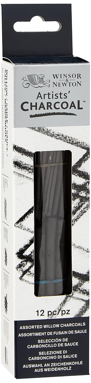 Winsor & Newton Carbón de sauce de artistas, surtido, caja de 12 unidades | Carbón de sauce rico, intensidad constante, cuidadosamente horneado, crea tonos negros o ahumados más oscuros