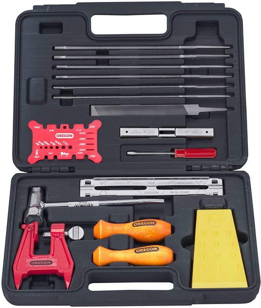 Oregon - Kit de Afilado de Cadena de Motosierra con Funda Dura, Contiene Archivos, Asas, medidor de Profundidad, Tornillo de tocón, cuña de tala y más Accesorios