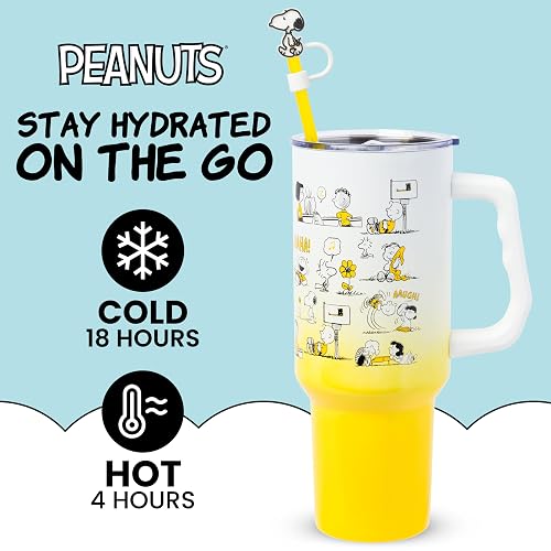 Silver Buffalo Peanuts con Charlie Brown, Snoopy, Woodstock, Lucy, Sally, Linus y más vaso de acero inoxidable con mango y popote, se adapta a portavasos estándar, 40 onzas
