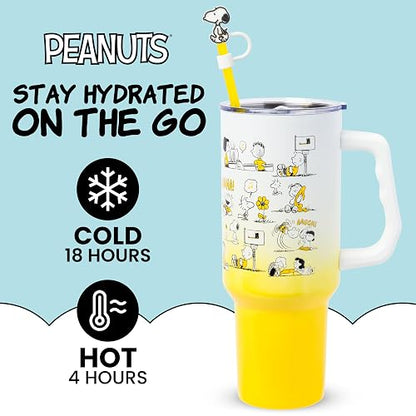 Silver Buffalo Peanuts con Charlie Brown, Snoopy, Woodstock, Lucy, Sally, Linus y más vaso de acero inoxidable con mango y popote, se adapta a portavasos estándar, 40 onzas