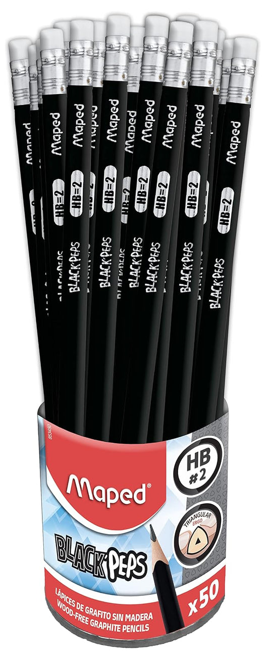 MAPED Lápiz HB2 Triangular Sin Madera con Goma Black’Peps | Bote x50 | Mina Resistente y Escritura Cómoda