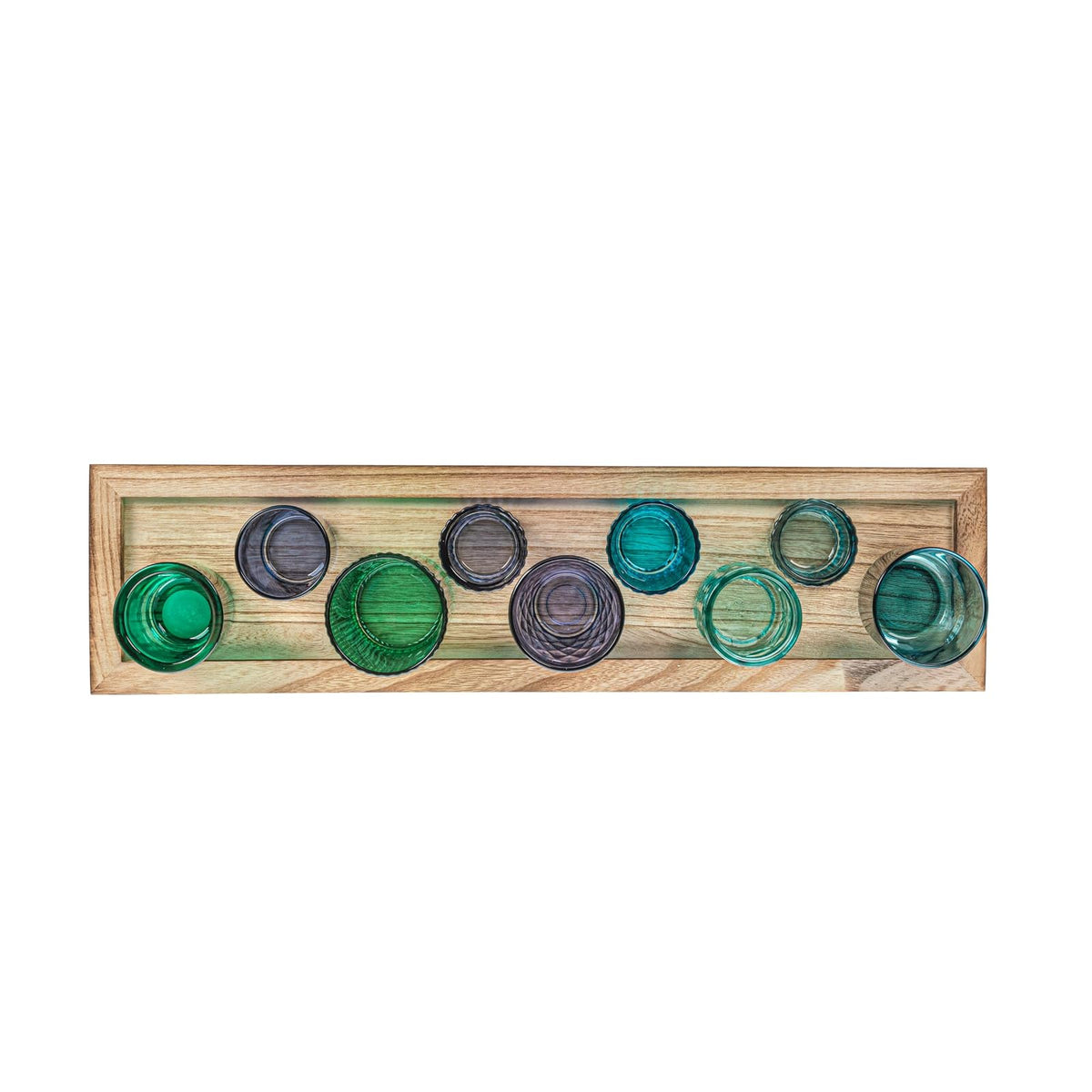 Creative Co-Op Bandeja de Madera con 9 Soportes votivos de Vidrio Azul y Verde
