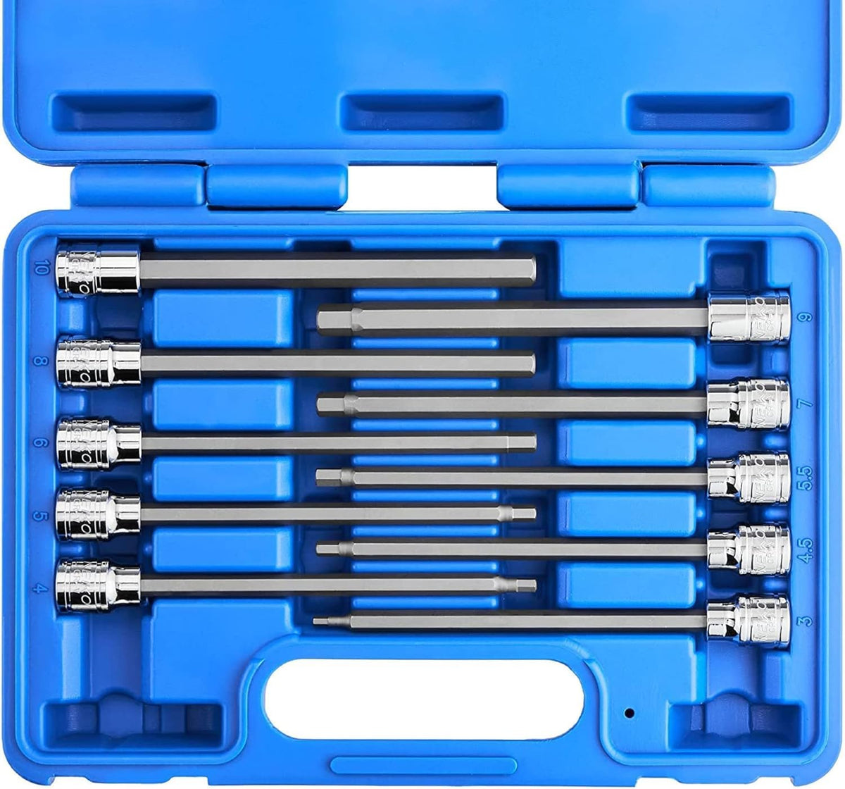 NEIKO 10077A 3/8” Drive Metric Extra Long Allen Hex Bit Socket Set | 10 Pieces | Sizes 3mm – 10mm | Shaft Length 6” | Premium S2 Steel Bits | Heavy Duty Cr-V Sockets | Exceeds ANSI Standards - Metric