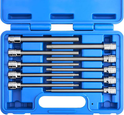 NEIKO 10077A 3/8” Drive Metric Extra Long Allen Hex Bit Socket Set | 10 Pieces | Sizes 3mm – 10mm | Shaft Length 6” | Premium S2 Steel Bits | Heavy Duty Cr-V Sockets | Exceeds ANSI Standards - Metric