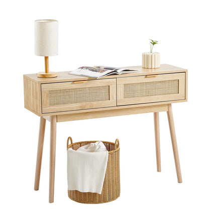 VEVOR Mesa Consola de ratán con 2 cajones de Almacenamiento, Mesa de Entrada de ratán con Puerta corrediza de ratán Natural, Mesa Consola de sofá para Sala de Estar, Entrada o Pared de TV, Natural