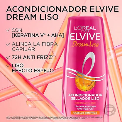 L'Oréal Paris Elvive Dream Liso Acondicionador, Efecto Keratina Anti Frizz Hasta por 72h, Resistente a la Humedad, Cabello Liso y Sedoso, 680ml