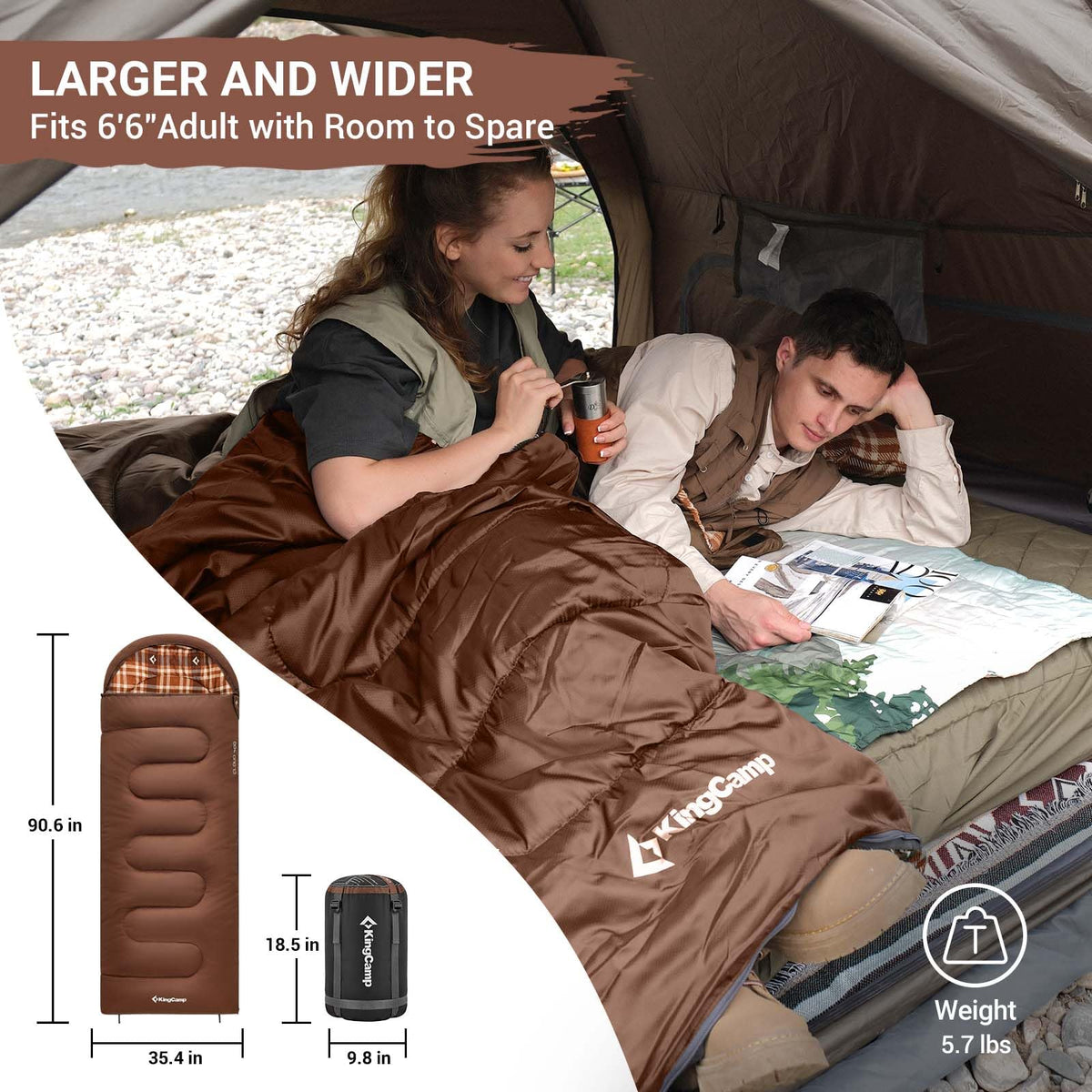 KingCamp Saco de Dormir para Adultos, Clima Frío y Cálido, XL Extra Grande, Acolchado de Franela, Impermeable y Portátil, Incluye Saco de Compresión, Ideal para Camping