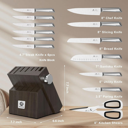 imarku Juego de cuchillos para cocina con bloque Juego de cuchillos japoneses de acero inoxidable para cocina con bloque 14 piezas, afilador incorporado, juego de cuchillos afilados con mangos ergonóm