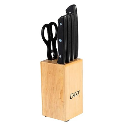 Ekco | Juego de Cuchillos Classic 6 Piezas Acero Inoxidable y Bloque Madera | Hoja completa, Bloque de madera, Tijeras multiusos, Cuchillos para cocina, Destapador integrado, Cascanueces