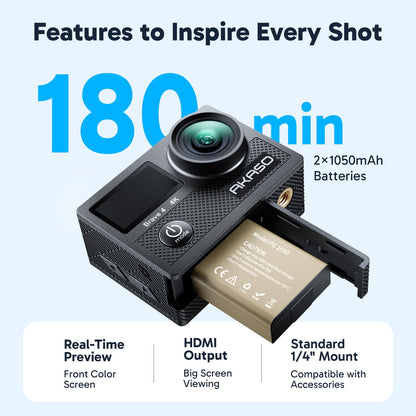 AKASO Brave 4 Cámara Deportiva 4K 20MP Cámara de Acción para Moto Ciclismo | Cámara Acuática Sumergible con EIS, WiFi, modo de conducción, 5X Zoom, kit de accesorios, para Deporte al aire libre/a diario