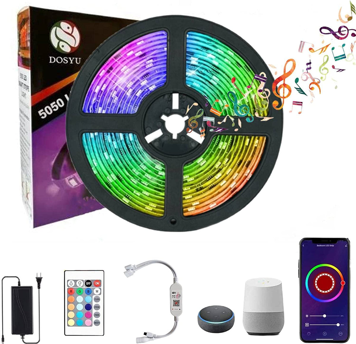 Dosyu Luces Led Inteligente 5M/16.4FT, 5050 RGBW Tira LED de WiFi, con Google Home, Alexa, Control por APP y Mando a Distancia, para cuarto, TV, Fiesta, Hogar, DIY, Navideña y Halloween Decoración.