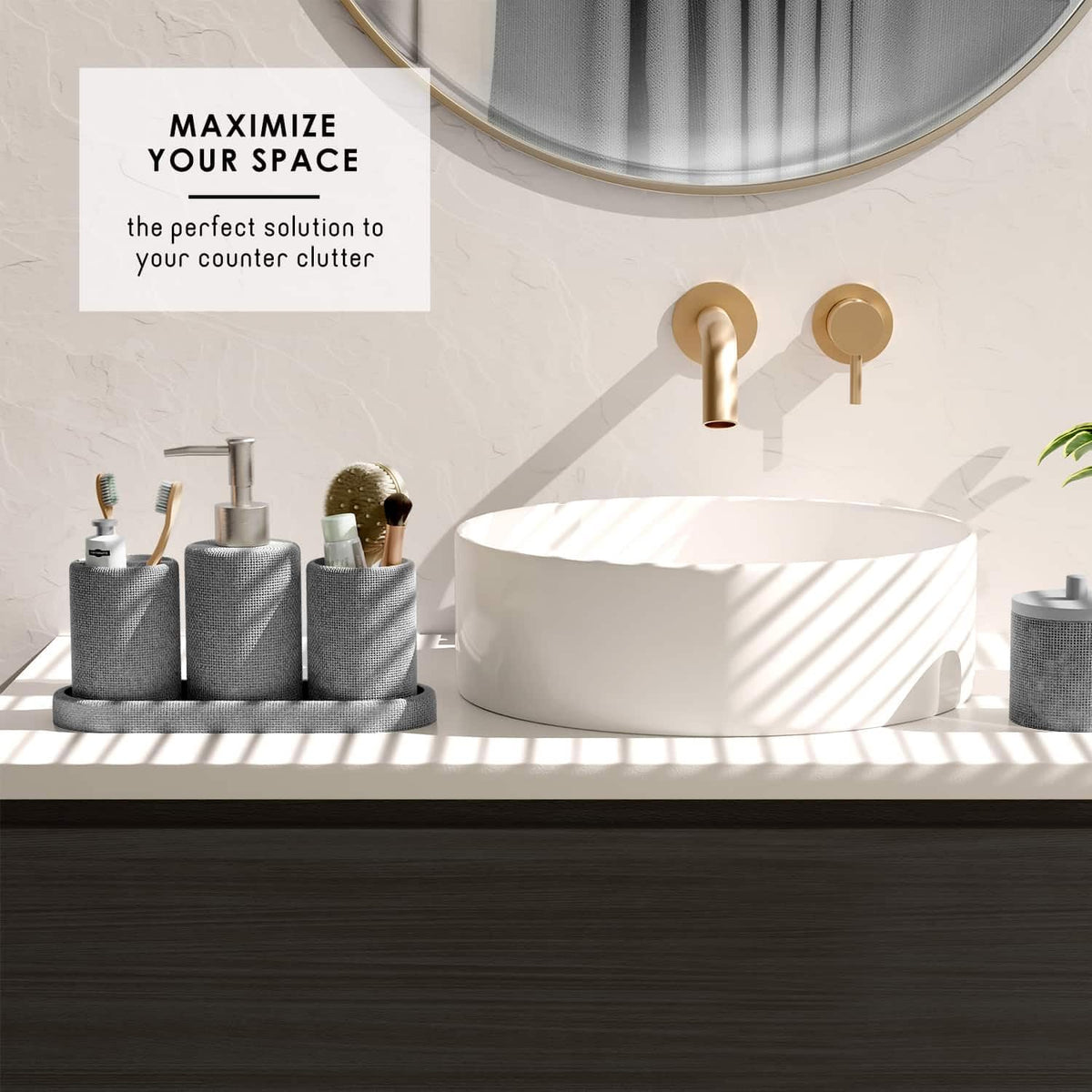 Clara Clark - Juego de Accesorios de baño Gris, Juego de Accesorios de baño de 5 Piezas, Juegos de baño con dispensador de jabón, Soporte para Cepillo para Polvo de Dientes, Vaso, Tarro de hisopo de