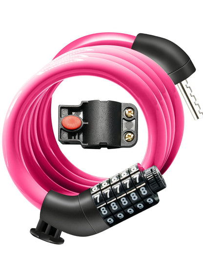 KEYSTP - Cable de Bloqueo para Bicicleta de 5 dígitos, Resistente y reiniciable, antirrobo con Soporte de Montaje, Cable de Acero Impermeable para Scooters, Bicicletas eléctricas, Uso al Aire última - Rosado