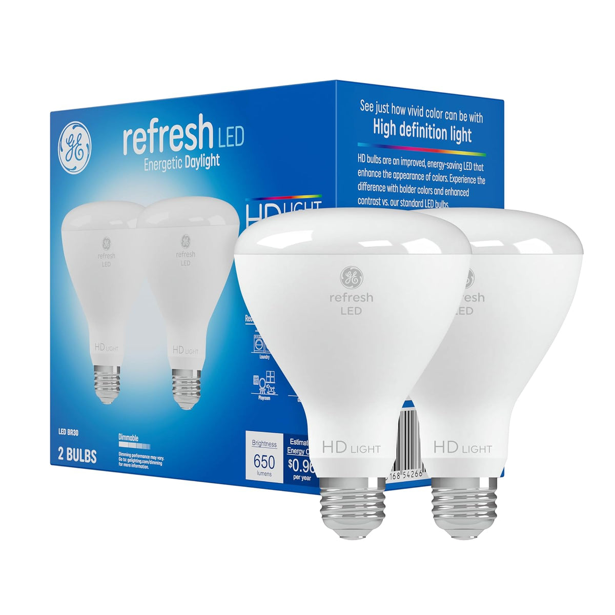 GE Refresh - Bombillas LED de 65 W, luz de día, BR30 para interiores (paquete de 2), color blanco