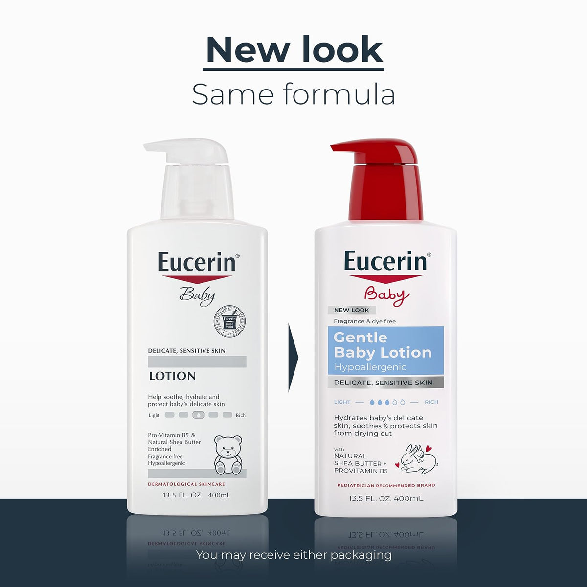 Eucerin Loción corporal para bebé, hipoalergénica y sin fragancias, segura para el uso diario en pieles sensibles, botella blanca de 14 onzas líquidas