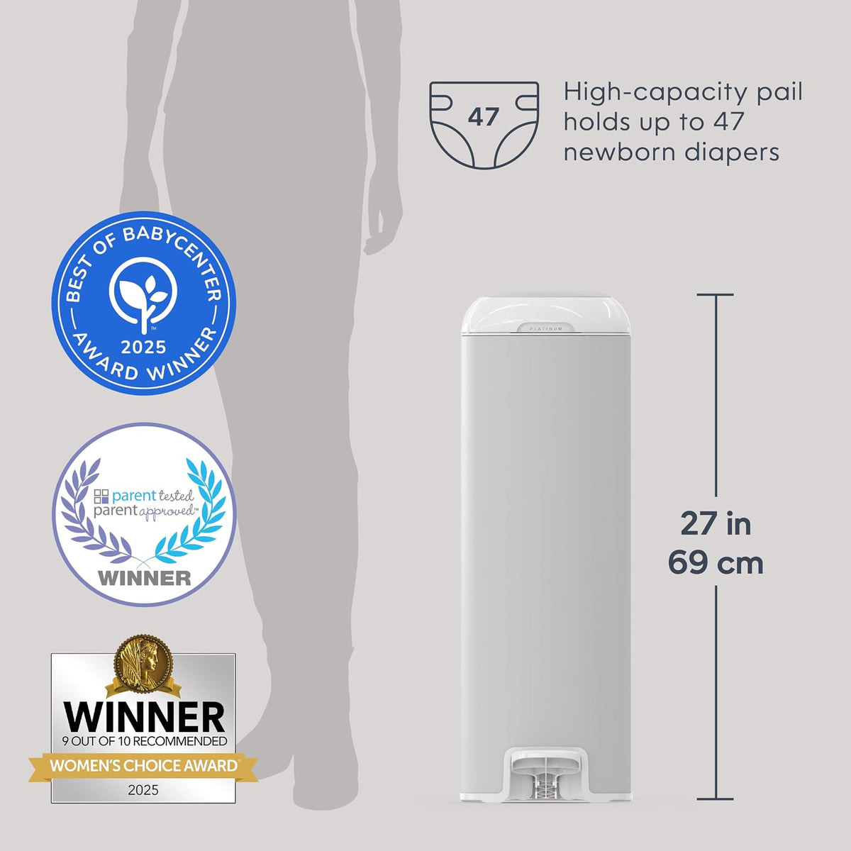 Diaper Genie Platinum Pail (gris piedra) está fabricado en acero inoxidable duradero e incluye 1 recambio de rollo fácil con 18 bolsas que pueden durar hasta 5 meses.