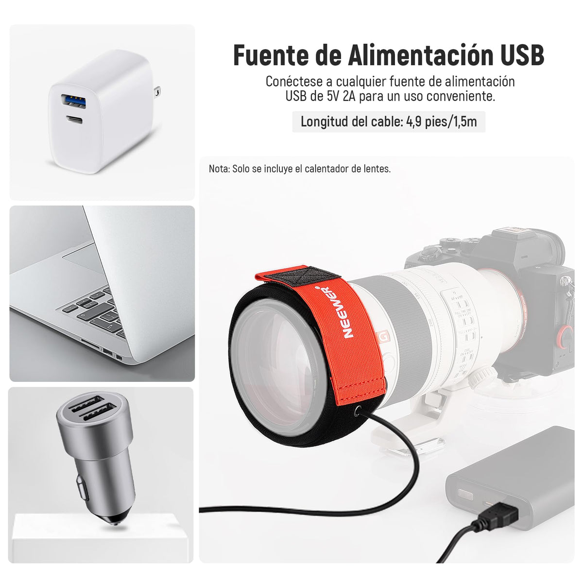 NEEWER - Calentador de Lente USB, 300 mm para cámara DSLR y telescopio, 3 ajustes de regulador de Temperatura, Tira de Calentador de rocío Evita rocío, Niebla y condensación para cámara de telescopio