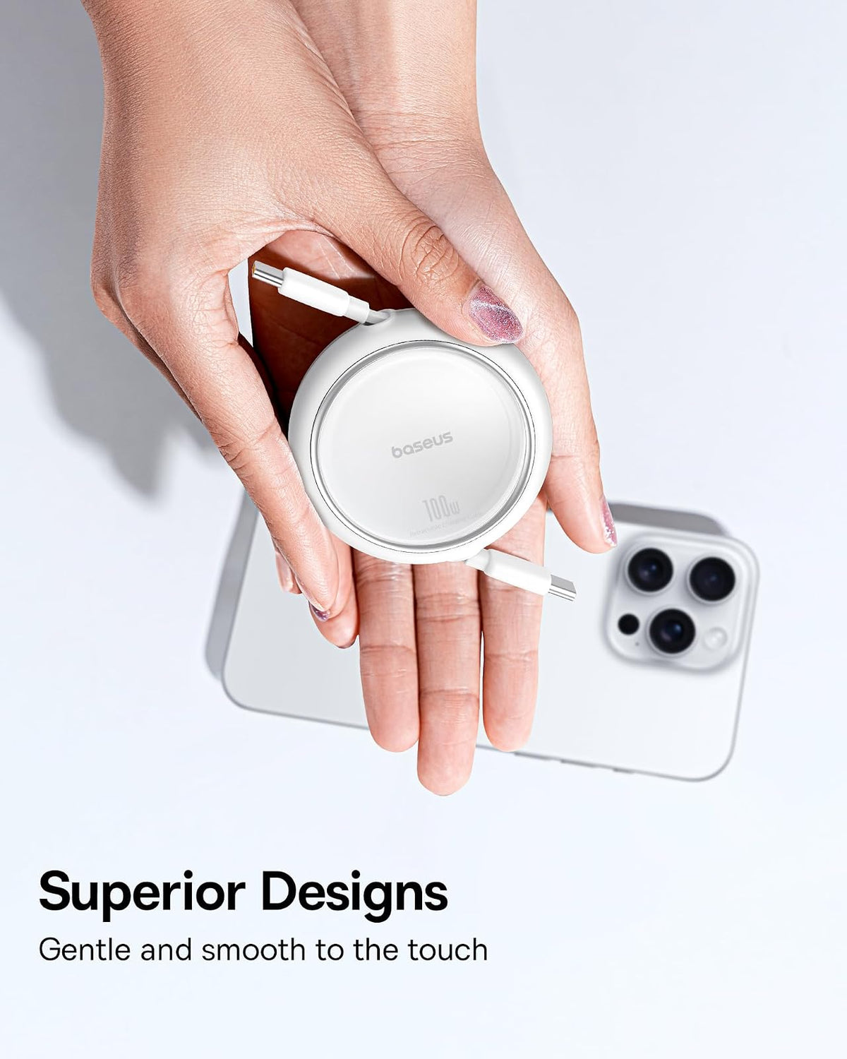 Baseus - Cable USB C, mini cable de carga retráctil USB C a USB C de 100 W, longitud de 4 etapas preestablecida retráctil tipo C USB C para iPhone 15, S23+, Note 10 iPad Pro MacBook Pro, Blanco