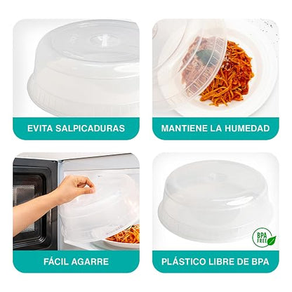 JOY - Tapa de Microondas, Pack de 2, Evita Salpicaduras y Mantiene la Humedad, Fácil Agarre, con Orificios para el Vapor, Apto para Plato de Horno, Plástico Libre de BPA, Transparente