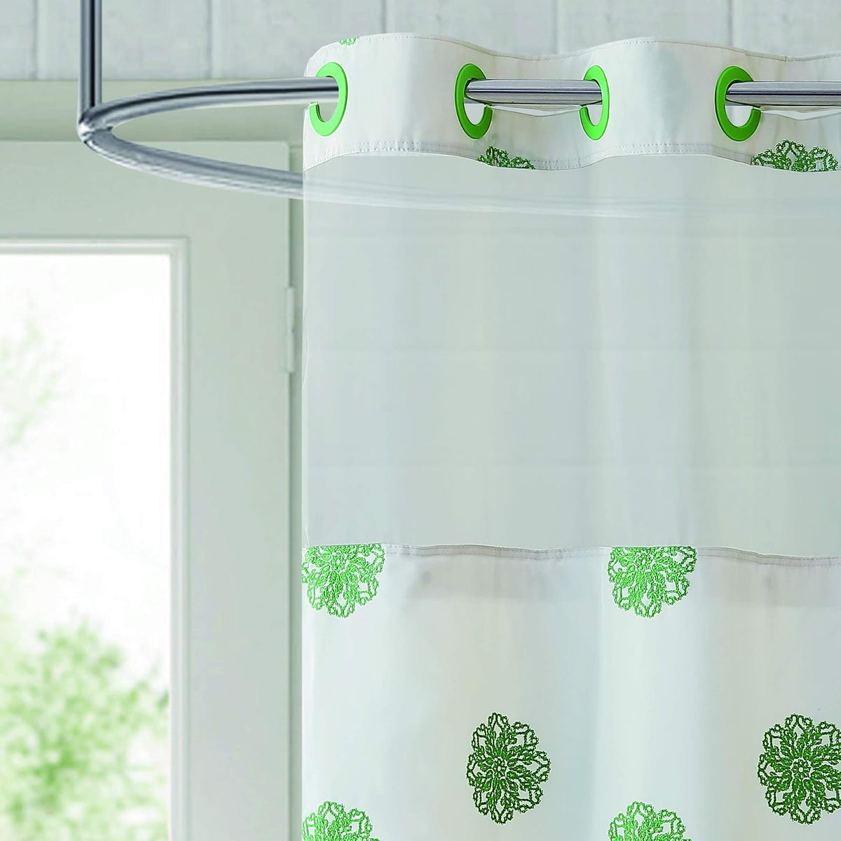 Hookless RBH40MY030 Sunburst - Cortina de Ducha con Forro de pétalo, Color Crema/Negro, explosión Solar, Crema/Verde, 71x74, 1
