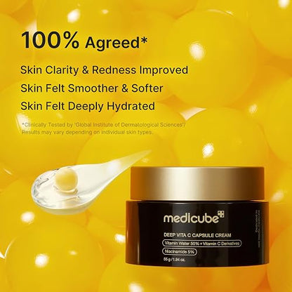 MEDICUBE Deep Vita C Capsule Cream, Crema Facial en Cápsulas con Agua de Espino Amarillo 50%, Niacinamida 5% y Vitamina C, Luminosidad y Tono Uniforme, 55 g