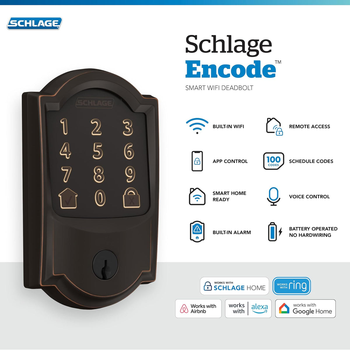 Schlage Encode - Cerrojo de seguridad WiFi con borde Camelot, Camelot, Lock Only, Aged Bronze