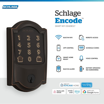 Schlage Encode - Cerrojo de seguridad WiFi con borde Camelot, Camelot, Lock Only, Aged Bronze