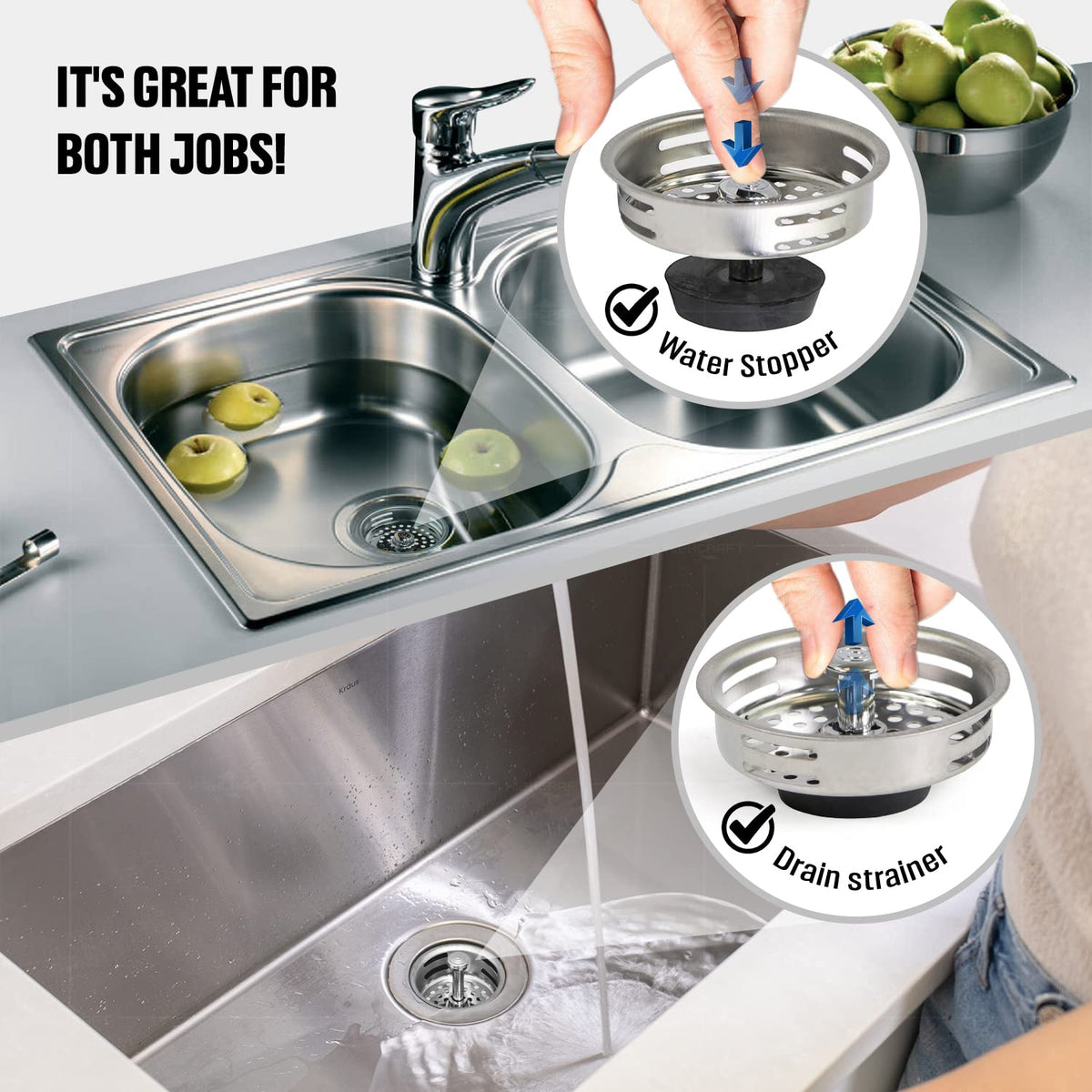 Everflow - Canastilla coladora de acero inoxidable para fregadero de cocina - Repuesto para desagües estándar (8.89 cm) - Tapón de hule de estilo universal, Sencillo