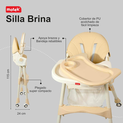 Silla Periquera 2 en 1 para Bebe Motek Brina, Silla Alta y Silla Baja de Juego, Reclinable 4 Posiciones, Ruedas con Freno, Piel Sintética PU, Canastilla de Almacenaje, Reposapiés de Descanso Ajustable en altura, Plegado compacto (Beige)