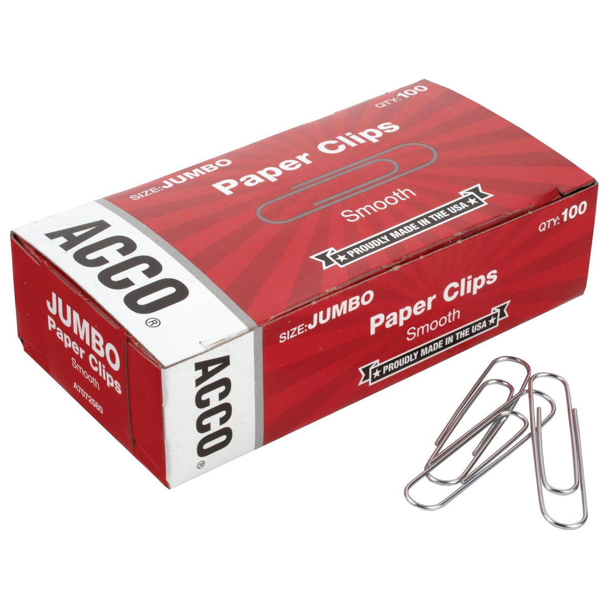 Acco Jumbo Paper Clips, Smooth, 100 Per Pack