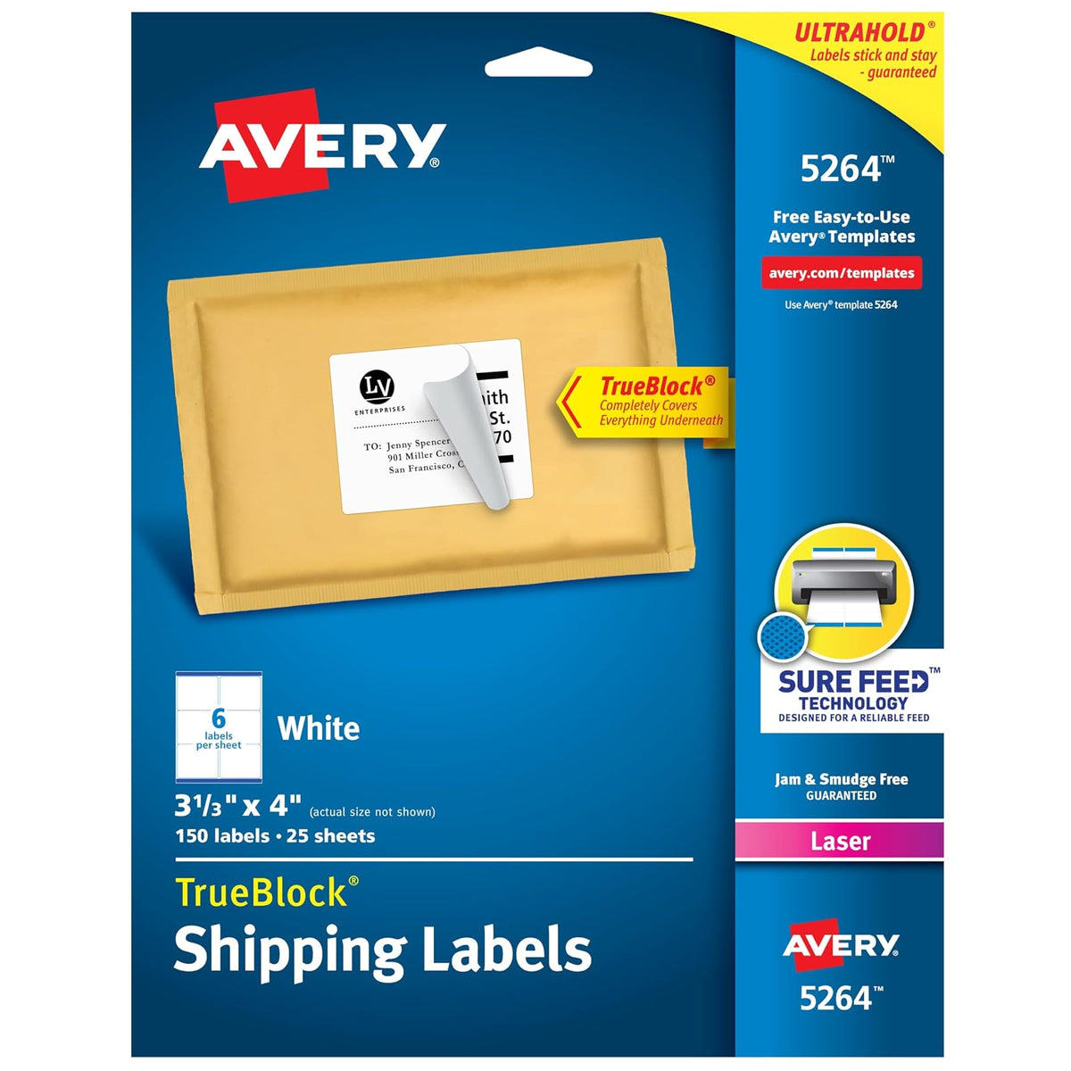 Avery 5264 White Shipping Labels for Laser Printers with TrueBlock Technology, 3-1/3 inches x 4 inches, Pack of 150
