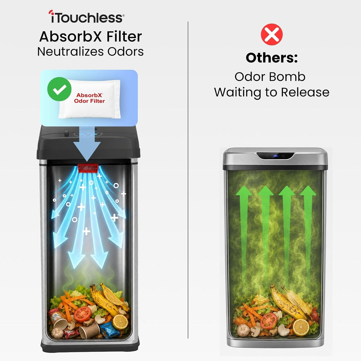 iTouchless - Sistema de control de olores para cubos de basura con sensor deslizante, cubo de basura automático de cocina y oficina (alimentado por batería o adaptador de CA opcional), 49.2 l, acero inoxidable con ruedas
