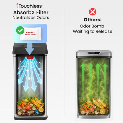 iTouchless - Sistema de control de olores para cubos de basura con sensor deslizante, cubo de basura automático de cocina y oficina (alimentado por batería o adaptador de CA opcional), 49.2 l, acero inoxidable con ruedas