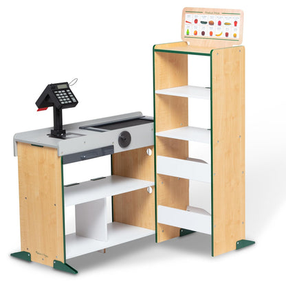 Melissa & Doug Puesto de Supermercado Fresh Mart, Juguete de Madera, Estantería Amplia Para Comestibles, Juguete Creativo (106.68 cm alto x 69.85 cm ancho x 88.9 cm largo)
