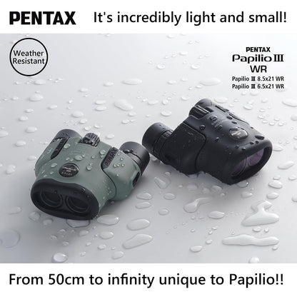 PENTAX Papilio III 8,5 x 21 WR Negro, 50 cm de Primer Plano a Infinity Focus, Cuerpo Resistente a la Intemperie, Nuevo Revestimiento HD, Adecuado para observar Objetos pequeños, para Viajes