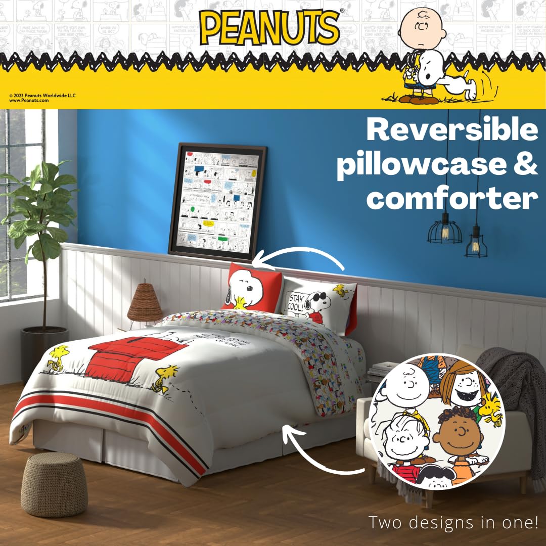 Franco, Charlie Brown & Snoopy Classic - Juego de edredón y sábanas súper Suaves, 5 Piezas, tamaño Matrimonial, Producto Oficial con Licencia.