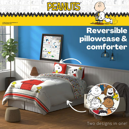 Franco, Charlie Brown & Snoopy Classic - Juego de edredón y sábanas súper Suaves, 5 Piezas, tamaño Matrimonial, Producto Oficial con Licencia.